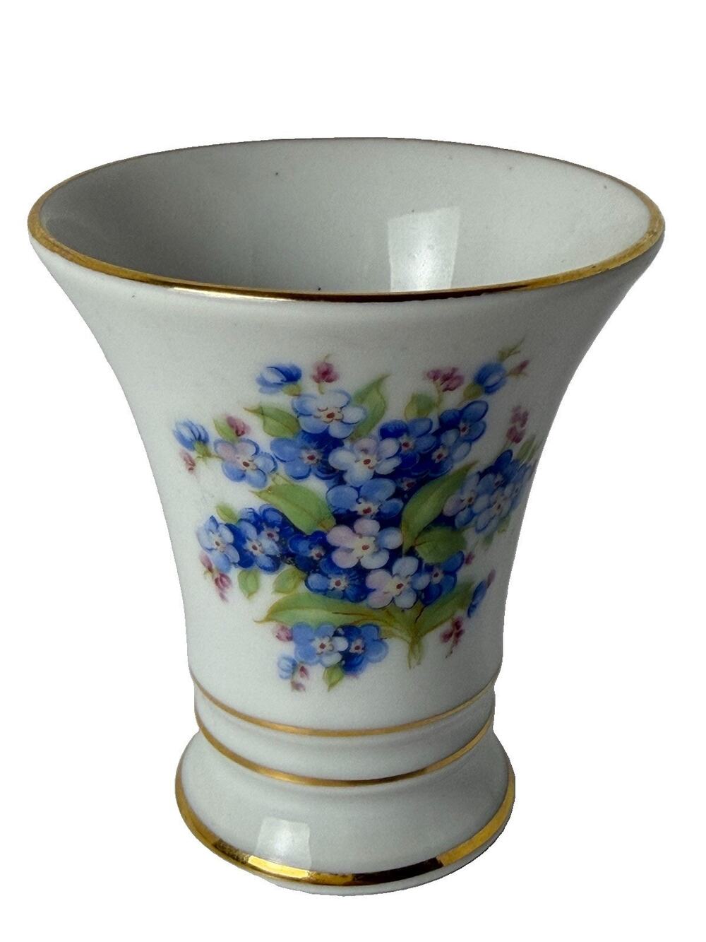 Vintage Schumann Bavaria Forget Me Not Mini Posy Vase 3” Germany Gold Trim